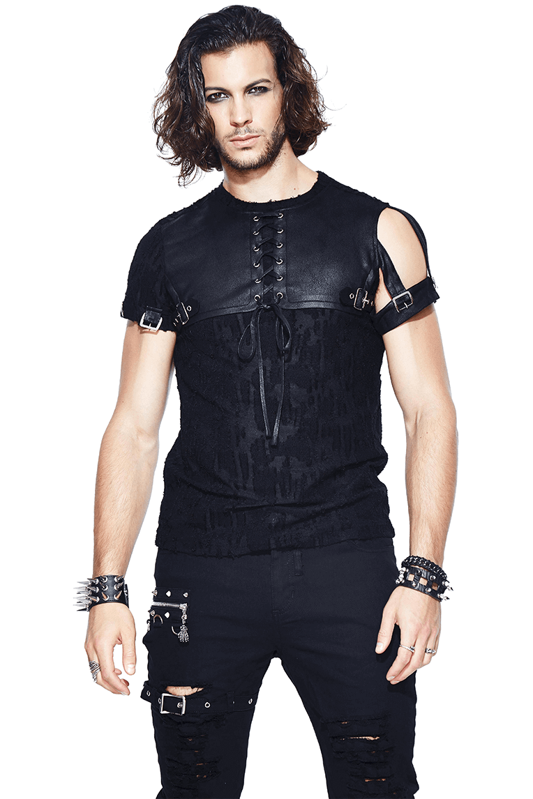 Men's black gothic top with detachable sleeves and leather overlay, styled with edgy accessories.