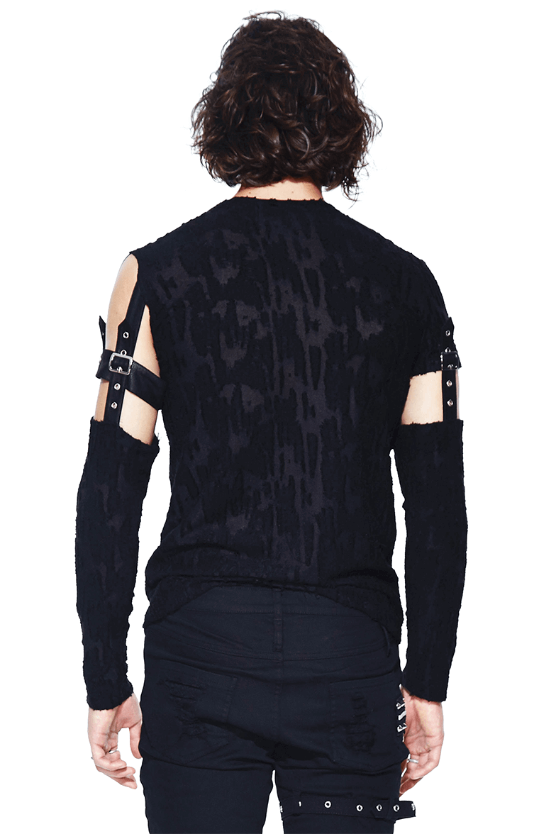 Men's Black Detachable Sleeves Top / Gothic T-Shirt with Leather Overlay / Alternative Clothing - HARD'N'HEAVY