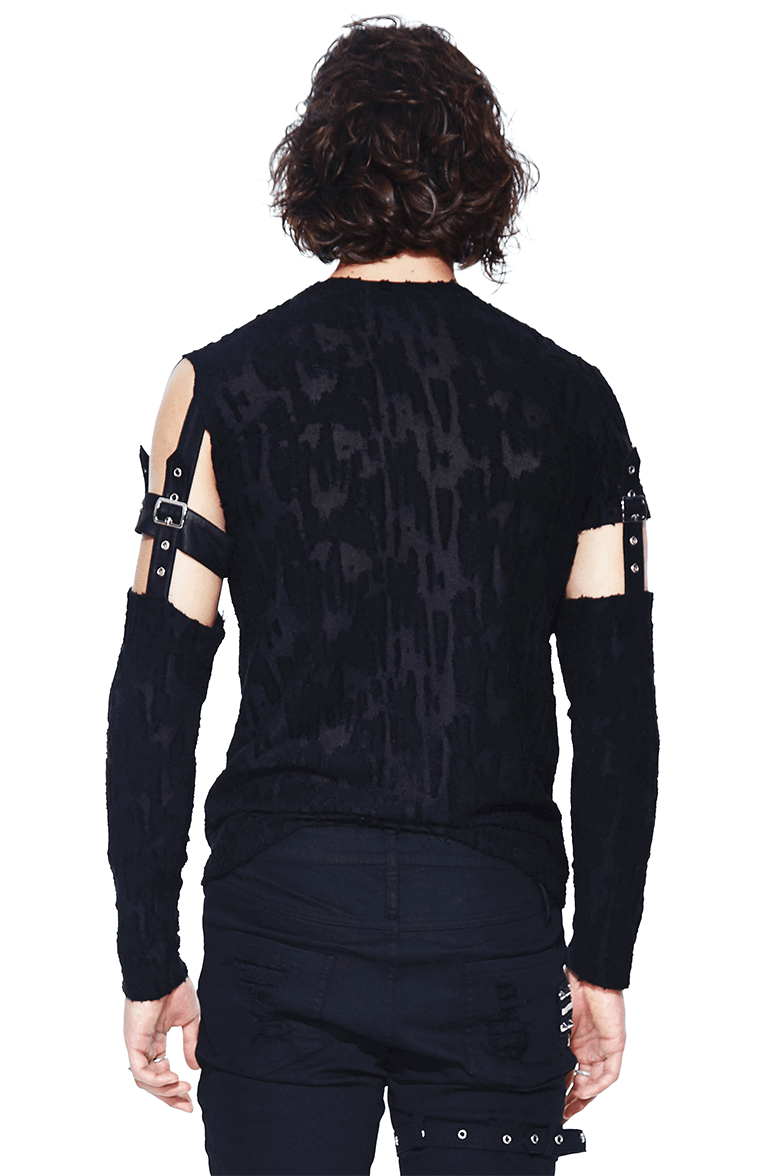 Men's black gothic top with detachable sleeves and leather accents, showcasing a trendy back view.