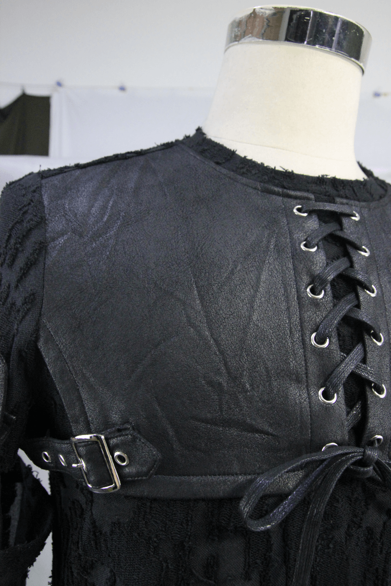 Men's black gothic top with detachable sleeves and leather overlay, featuring lace-up detail and stylish cut.