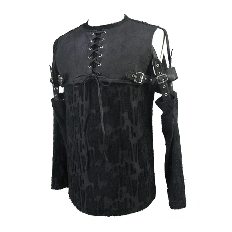 Men's black detachable sleeves gothic t-shirt with leather overlay and unique cut, perfect for alternative fashion lovers.