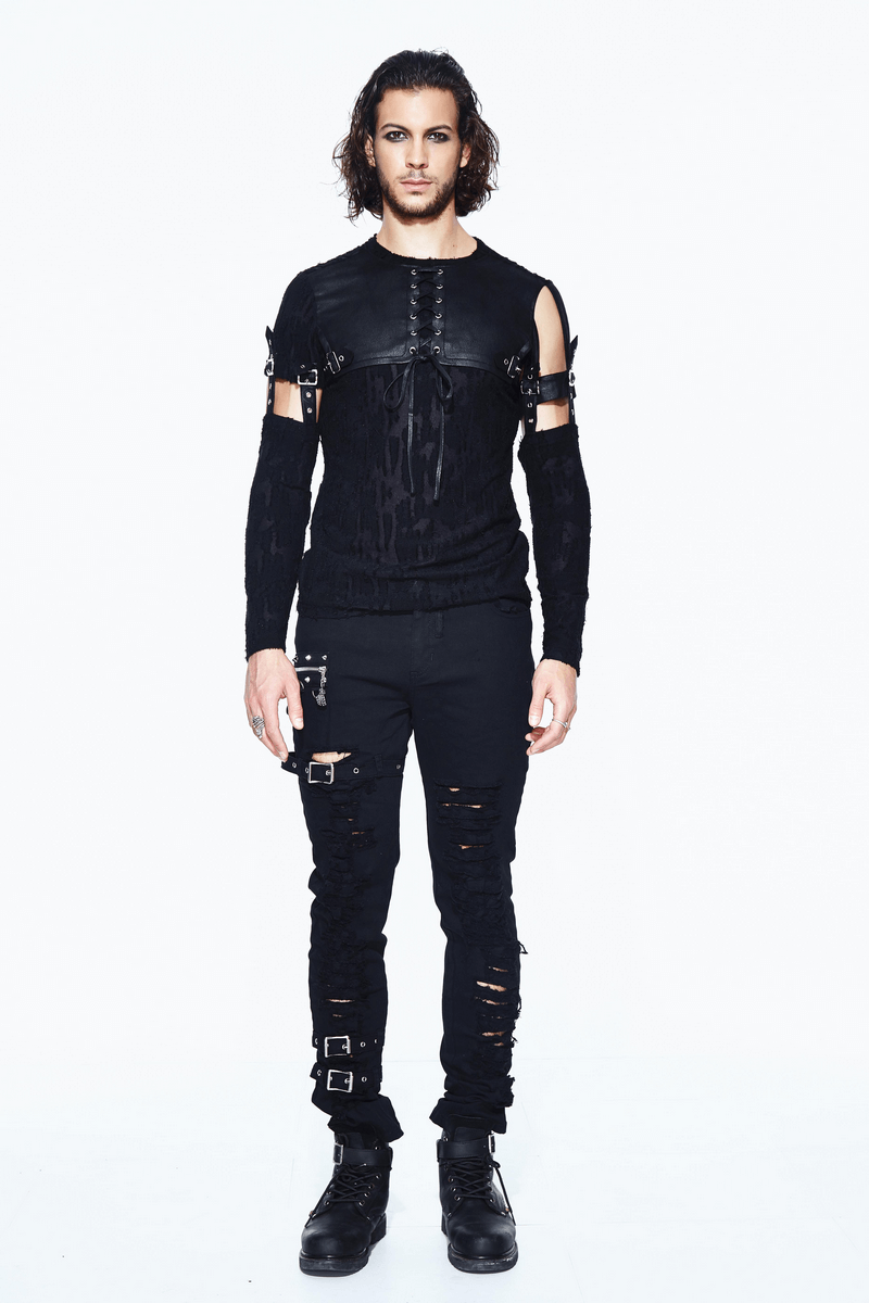 Stylish men's black gothic top with detachable sleeves and leather overlay, paired with edgy ripped pants.
