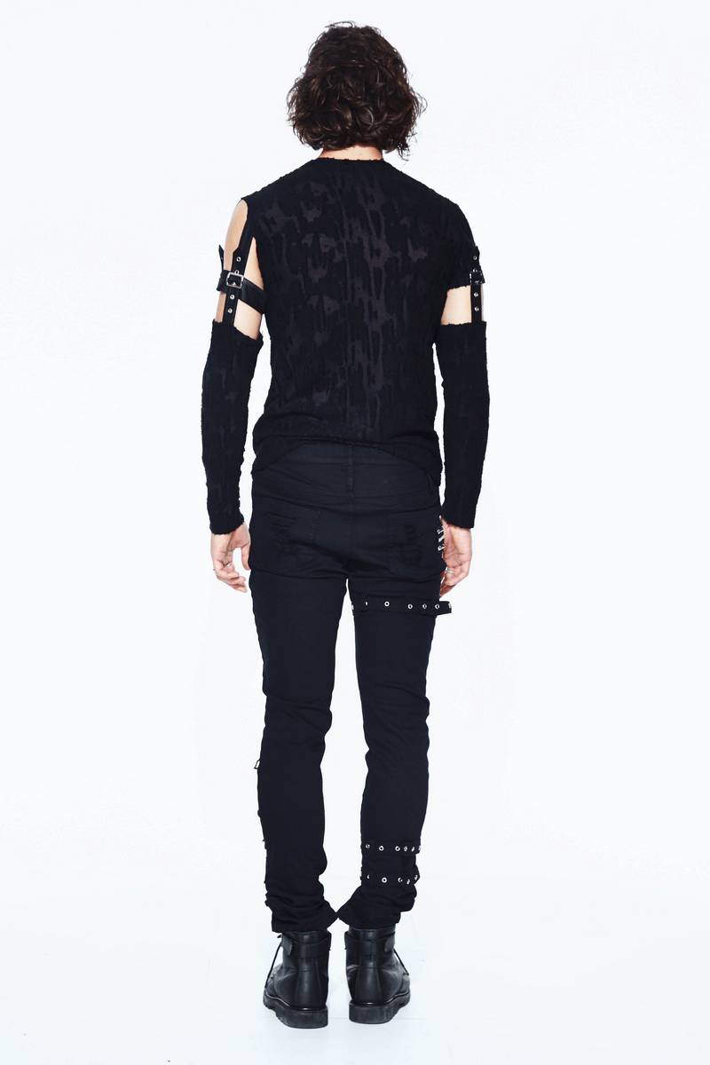 Back view of a men's black detachable sleeves top with gothic style and leather overlay, paired with black pants.