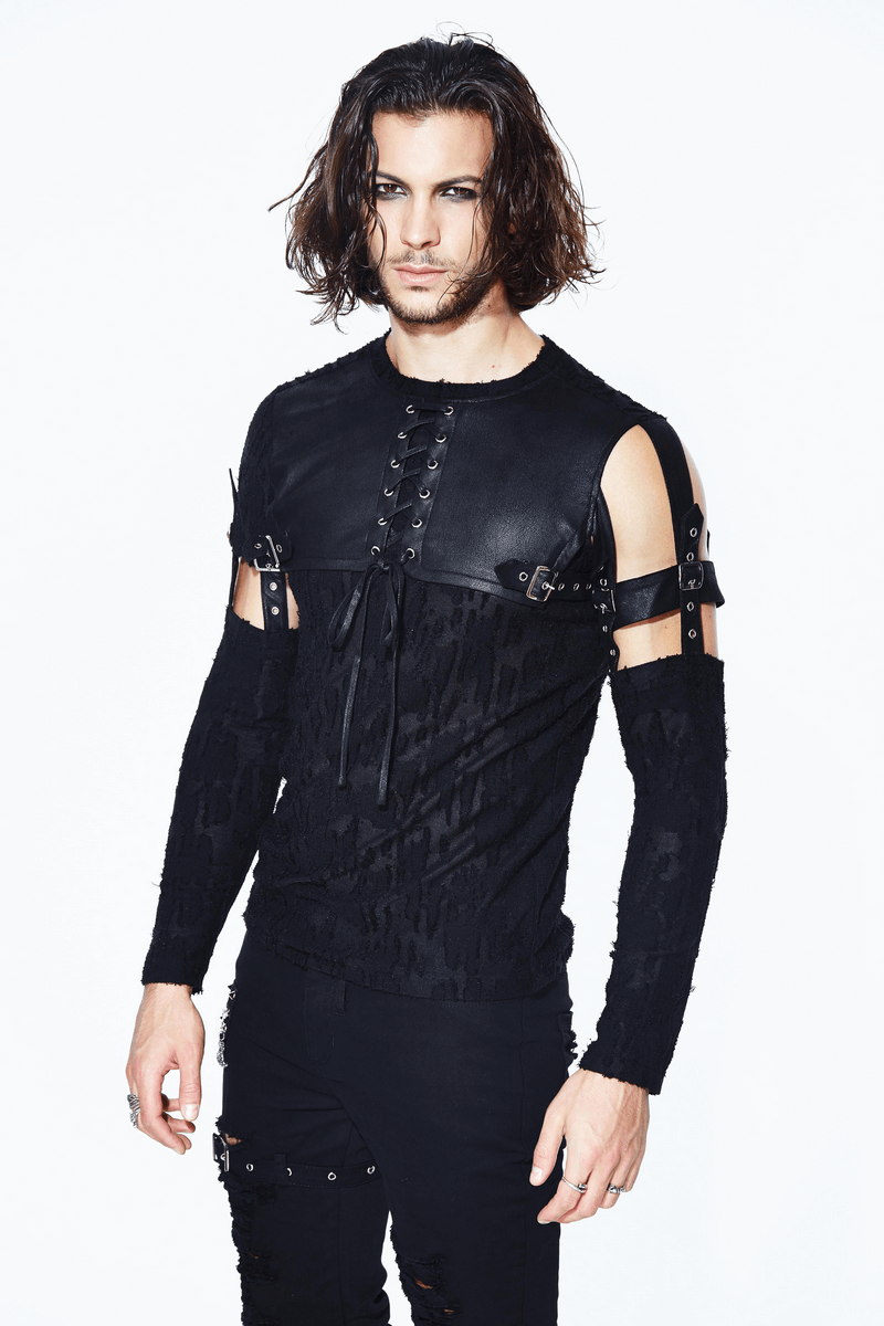 Men's black gothic top with detachable sleeves and leather overlay, perfect for alternative fashion enthusiasts.