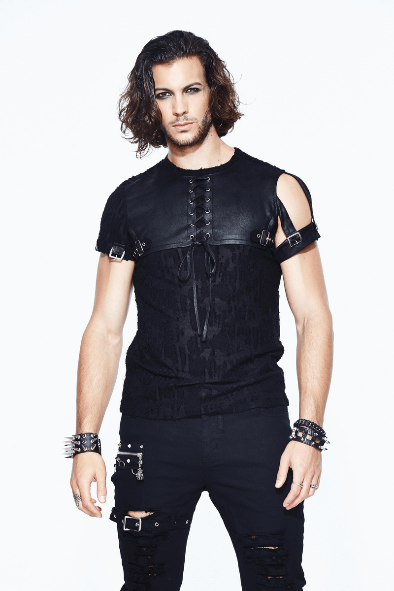 Stylish men's black detachable sleeves gothic top with leather overlay, perfect for alternative fashion enthusiasts.