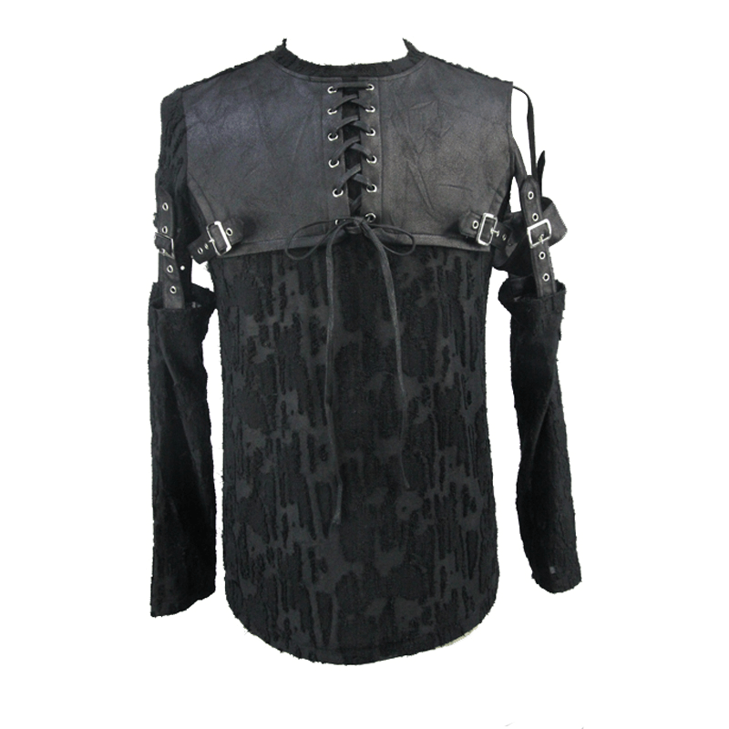 Men's black gothic top with detachable sleeves and leather overlay, featuring stylish laces and unique cut.