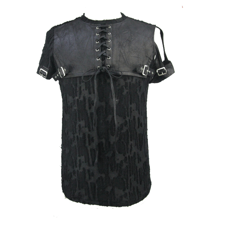 Men's black gothic top with detachable sleeves and stylish leather overlay, perfect for alternative fashion.