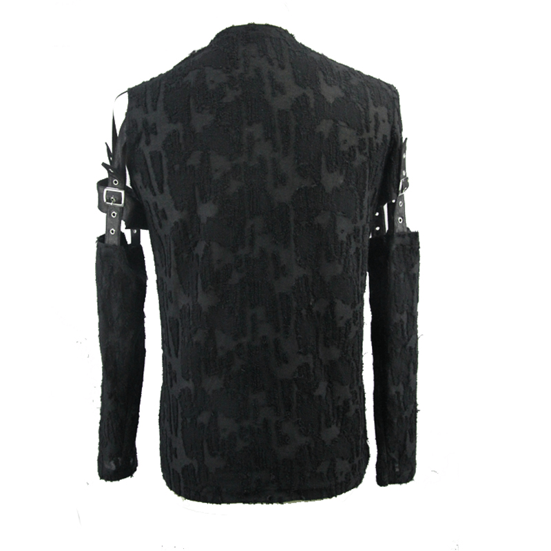 Men's black gothic top with detachable sleeves and leather straps, showcasing a unique textured design.