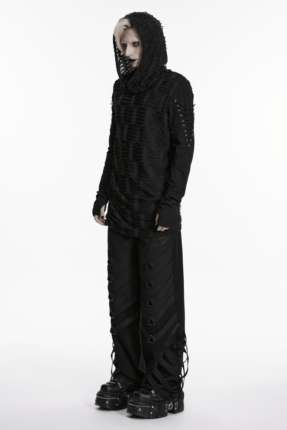 Men's Black Distressed Gothic Hooded Long-Sleeved Top worn by model in edgy post-apocalyptic style outfit.