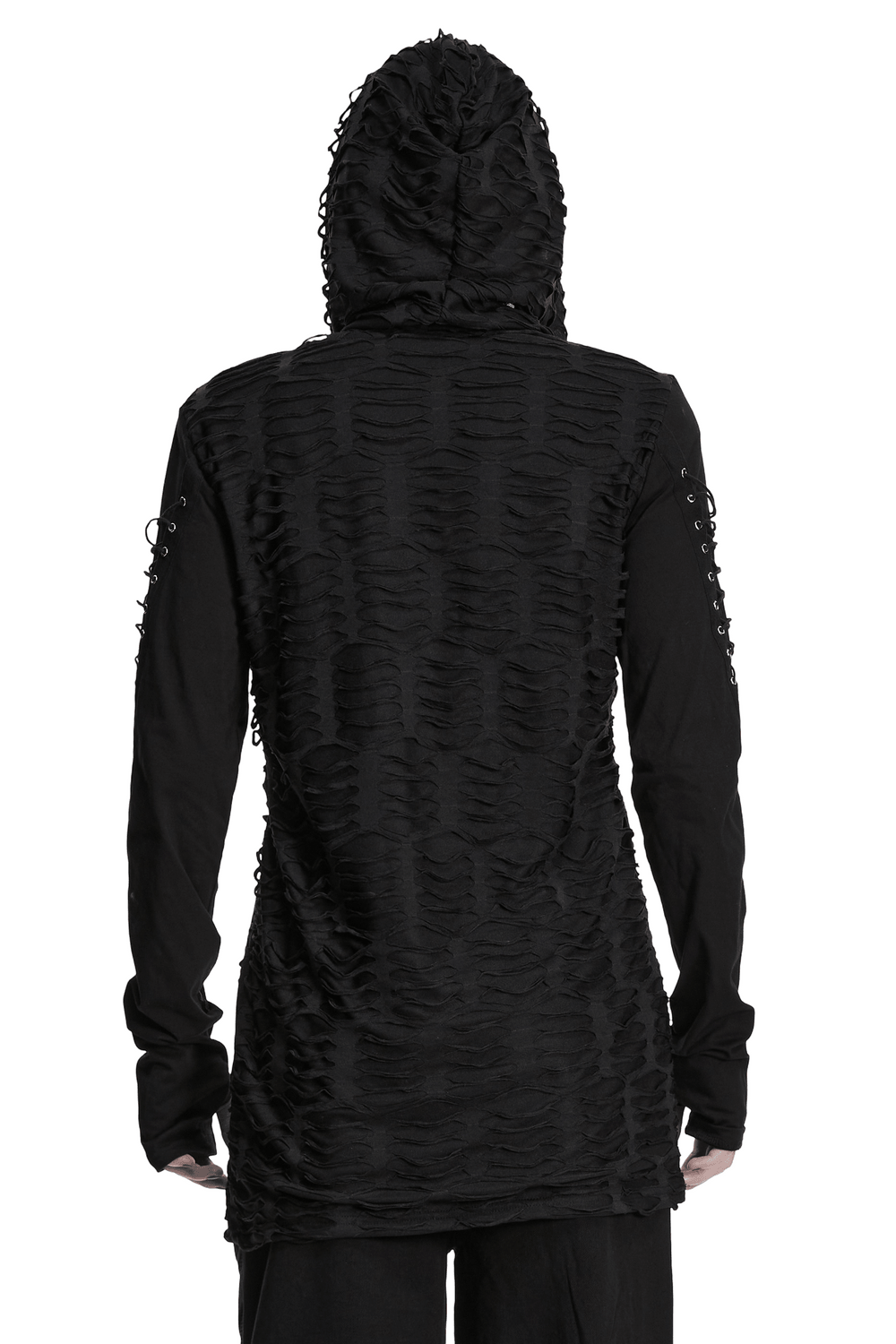 Men's Black Distressed Gothic Hooded Long-Sleeved Top showcasing tattered design and sleeve lacing for a unique punk style.
