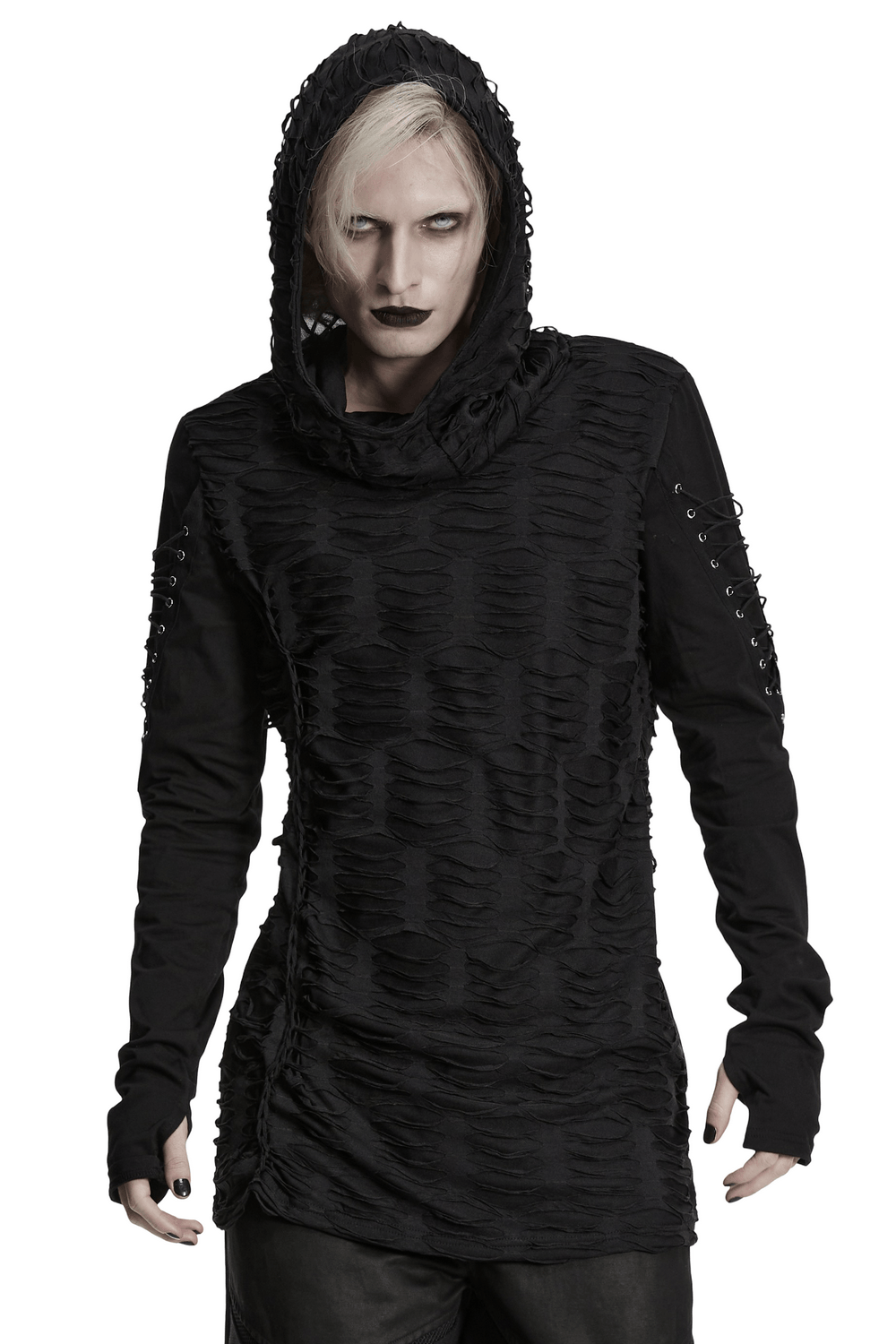 Men's Black Distressed Gothic Hooded Long-Sleeved Top with tattered texture and punk detailing.