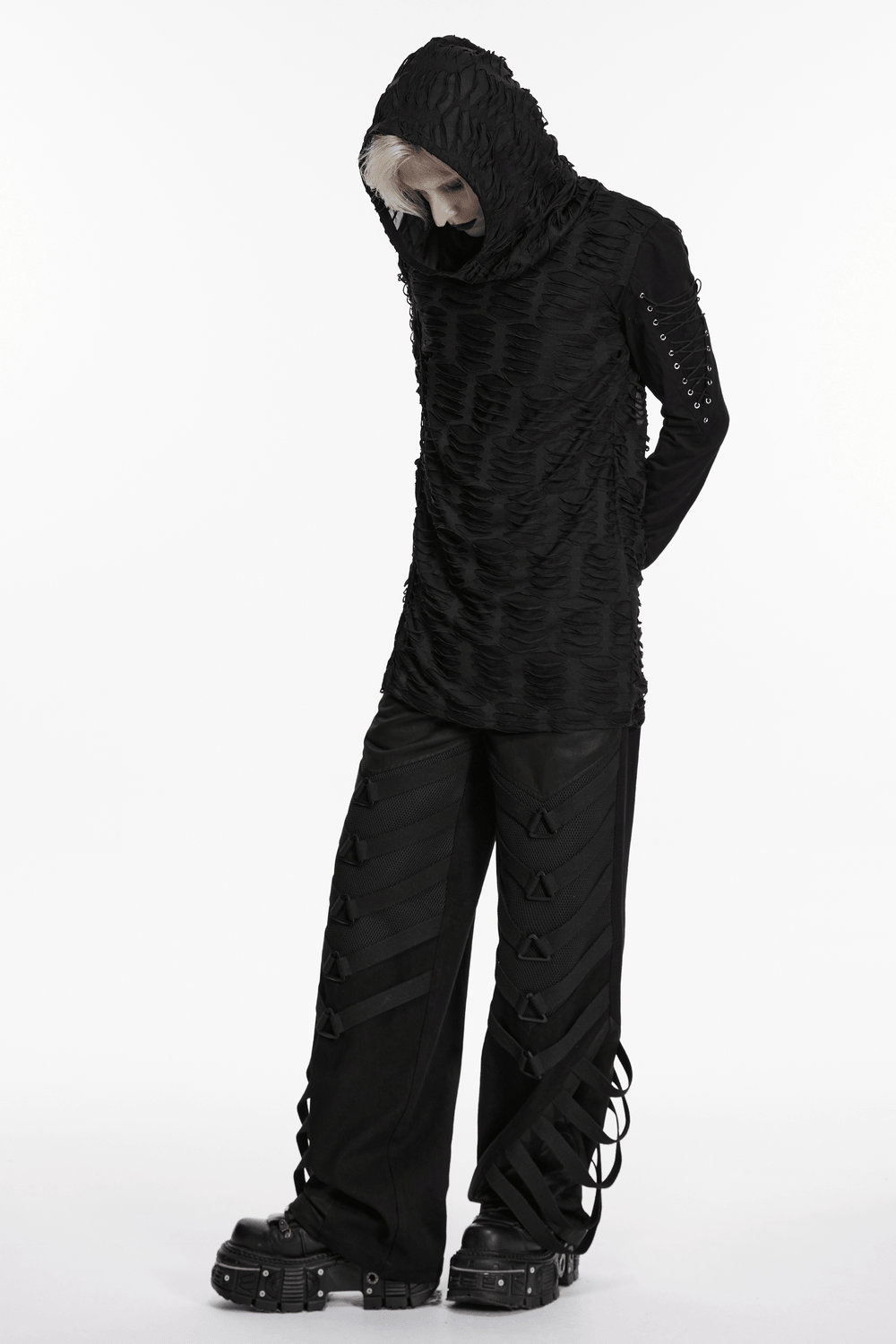Men's Black Distressed Gothic Hooded Long-Sleeved Top worn with edgy pants for a dark, stylish, post-apocalyptic look.