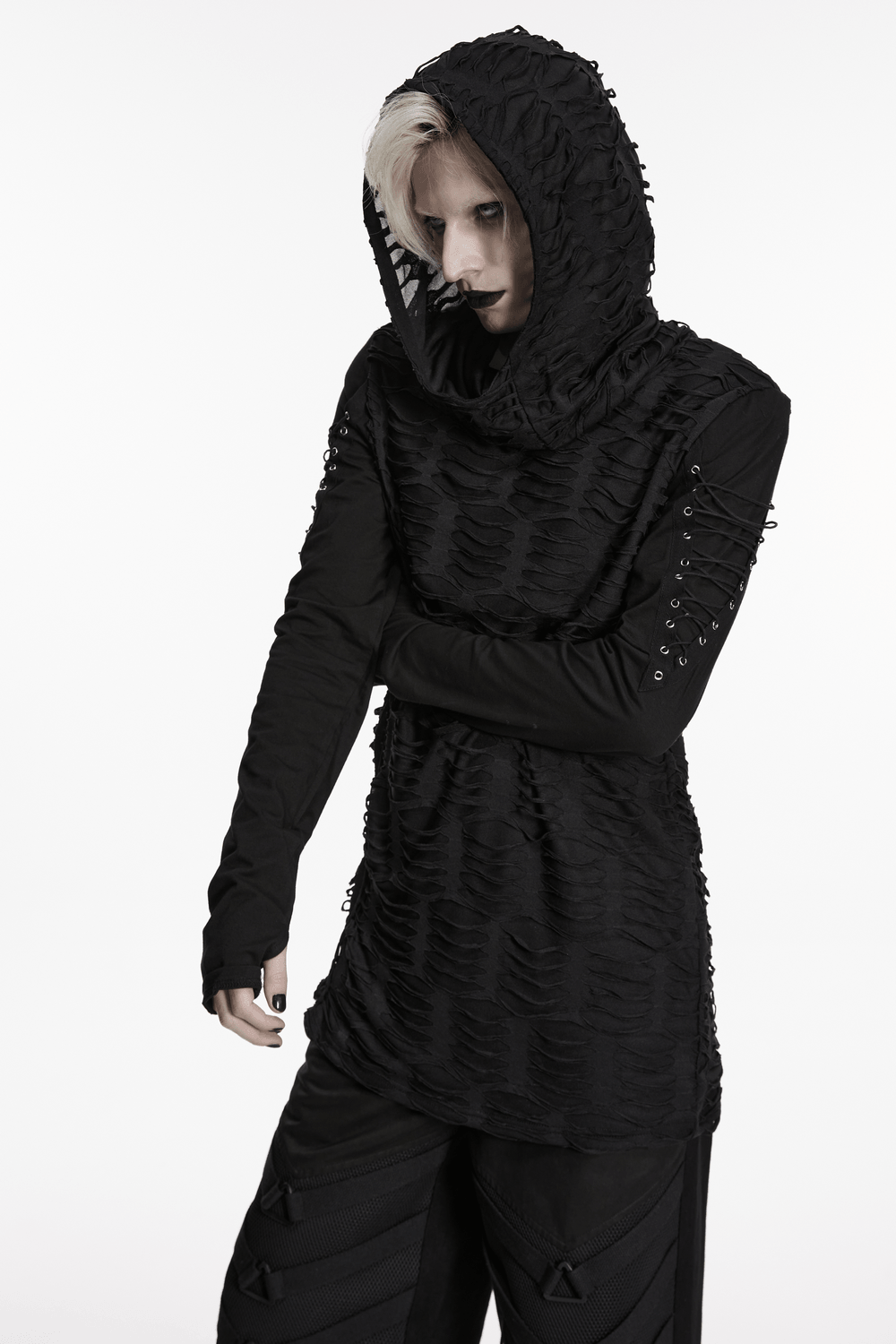 Men's Black Distressed Gothic Hooded Long-Sleeved Top featuring a tattered design and layered hood for a post-apocalyptic look.