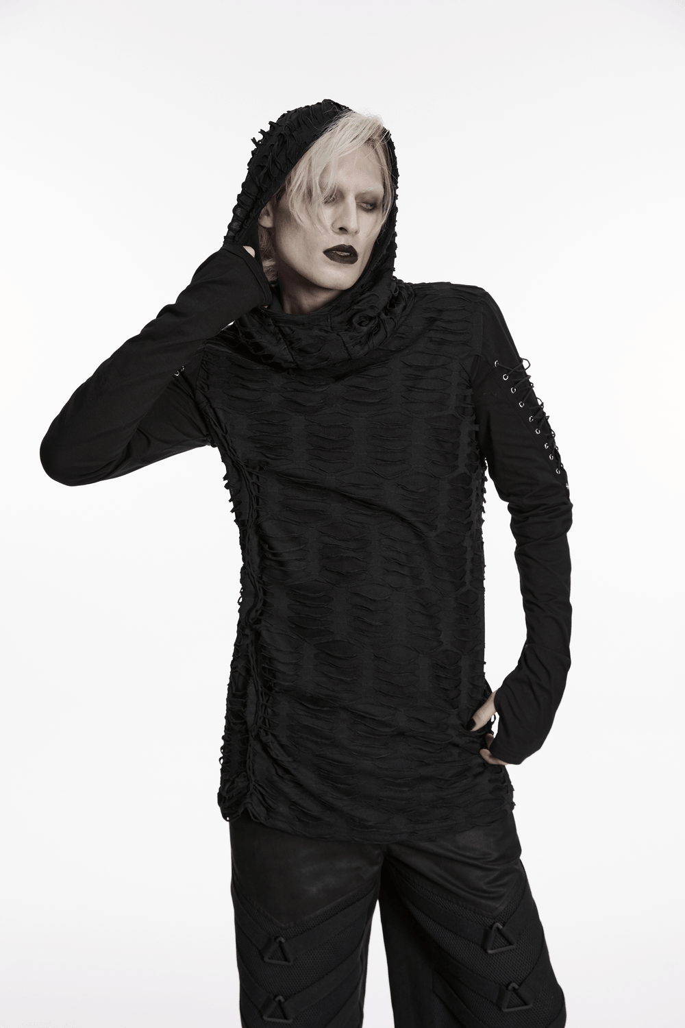 Men's Black Distressed Gothic Hooded Long-Sleeved Top featuring tattered design and punk accents for dark streetwear style.