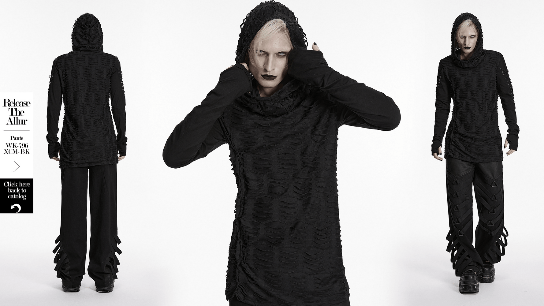 Men's Black Distressed Gothic Hooded Long-Sleeved Top featuring tattered fabric and a layered hood for a dark aesthetic.