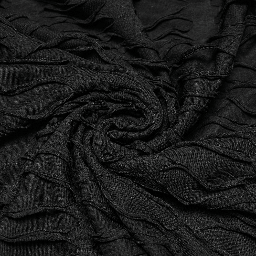 Men's Black Distressed Gothic Hooded Long-Sleeved Top fabric close-up showcasing tattered texture and layered design.