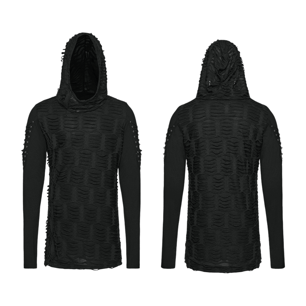Men's Black Distressed Gothic Hooded Long-Sleeved Top with tattered fabric and punk accents, perfect for dark streetwear.