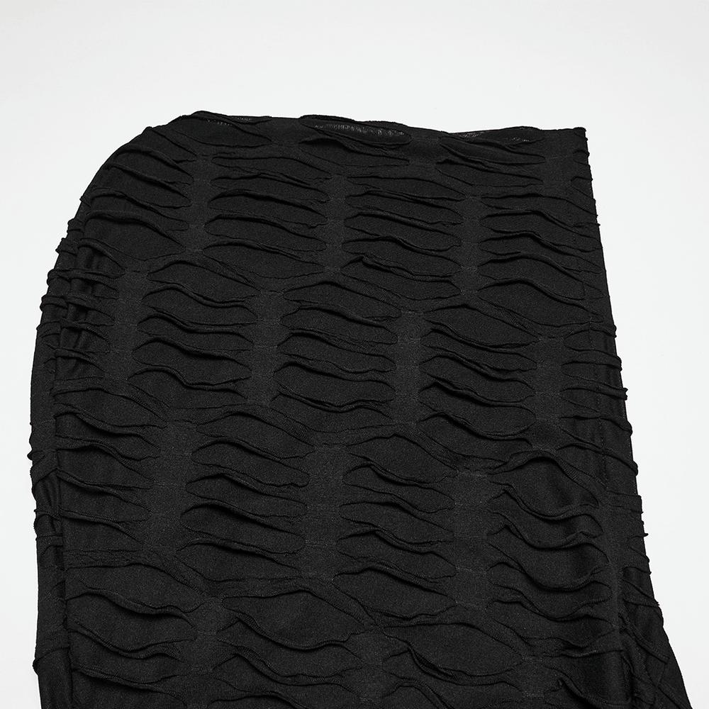 Men's Black Distressed Gothic Hooded Long-Sleeved Top featuring tattered knitted fabric and layered hood.