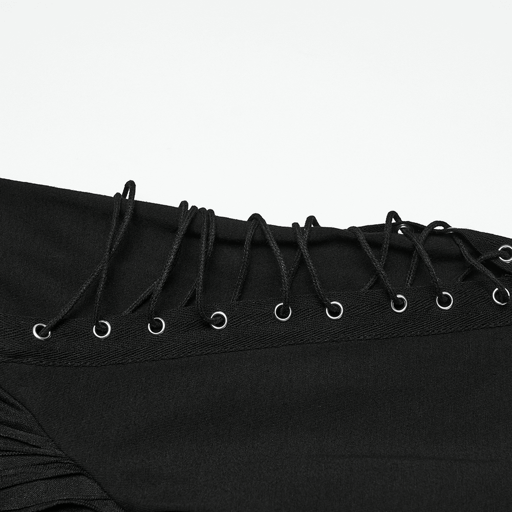 Close-up of sleeve lacing on Men's Black Distressed Gothic Hooded Long-Sleeved Top for a punk accent.