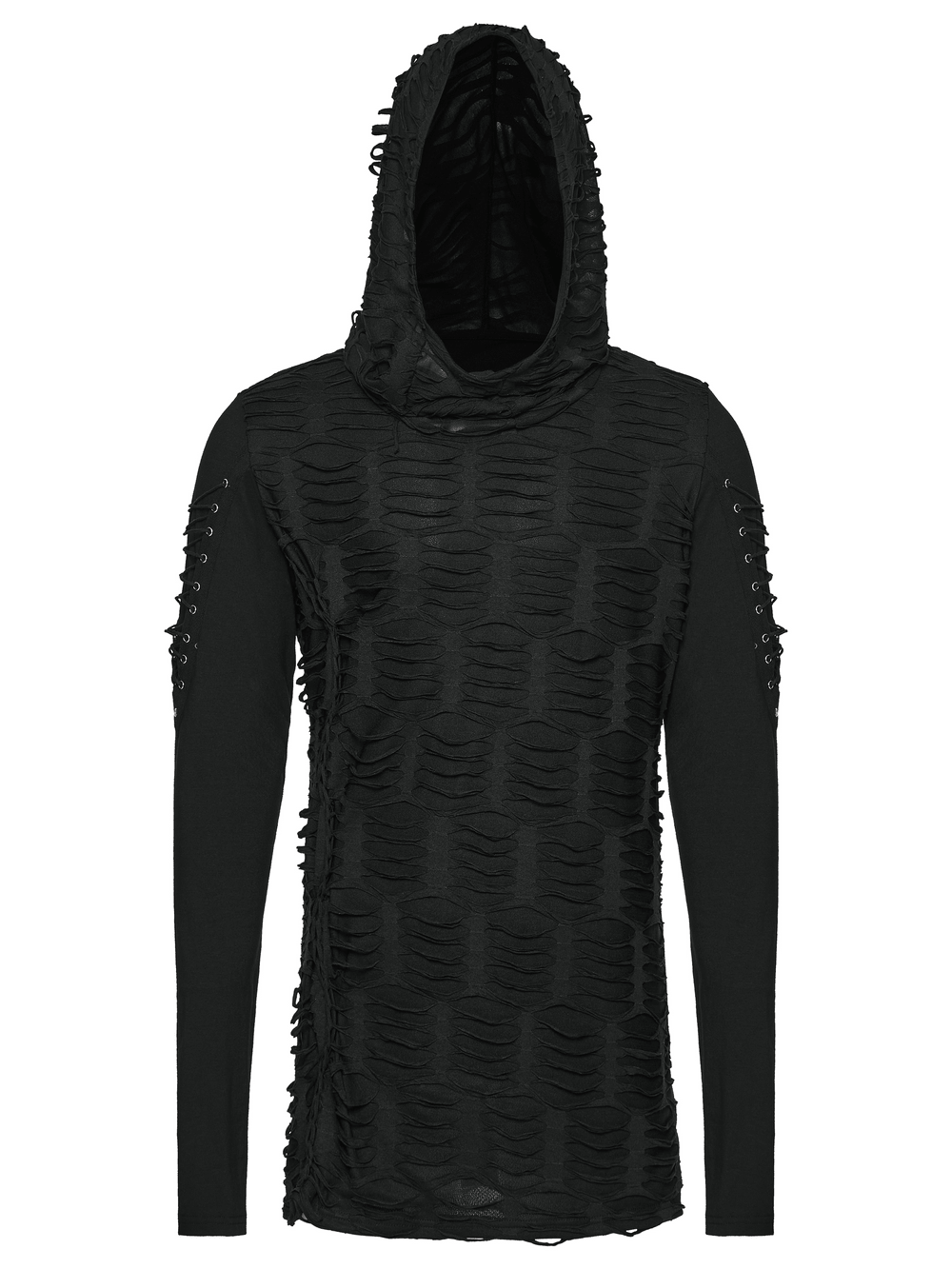 Men's Black Distressed Gothic Hooded Long-Sleeved Top featuring tattered fabric and punk lacing for a unique style.