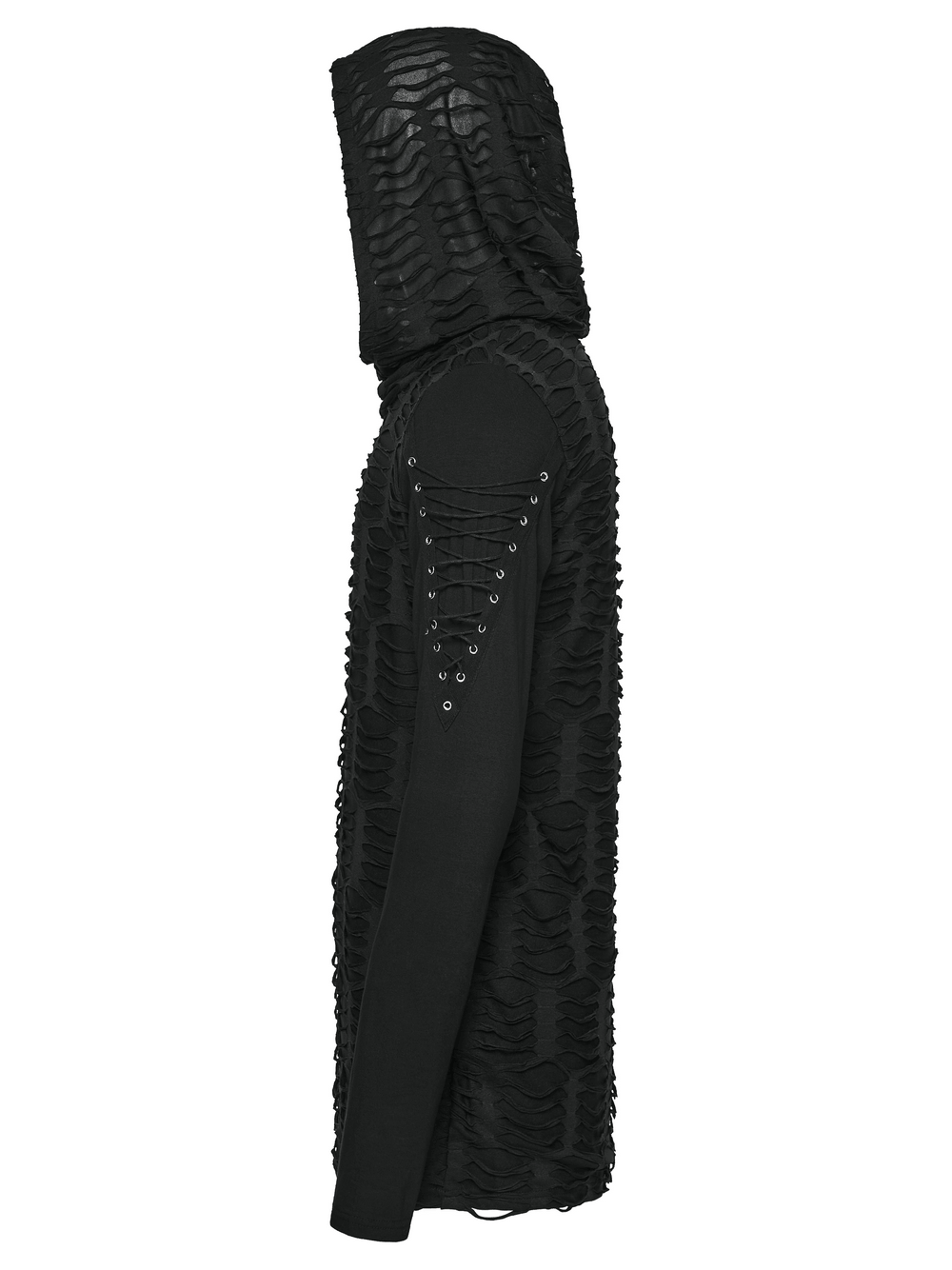 Men's Black Distressed Gothic Hooded Long-Sleeved Top side view showcasing tattered fabric and lacing details.