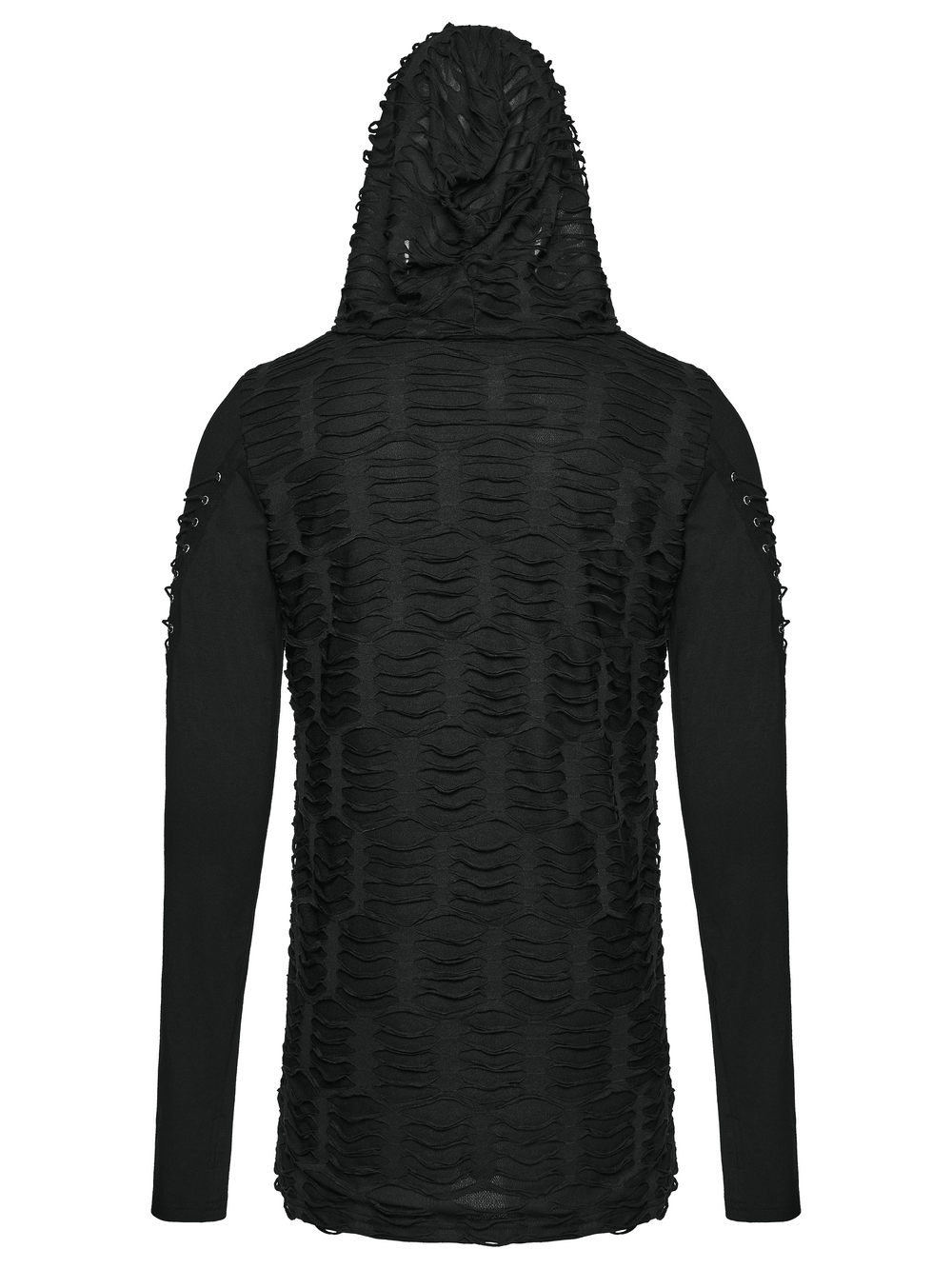 Men's Black Distressed Gothic Hooded Long-Sleeved Top featuring tattered design and layered hood for a punk vibe.
