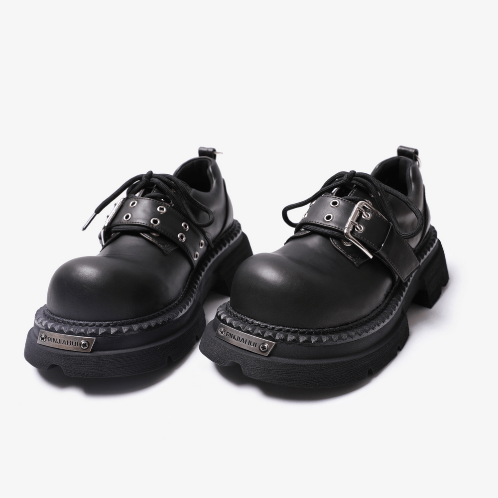 Men's Black Gothic Buckle Platform Derby Shoes, black punk lace-up shoes with buckle strap and chunky sole