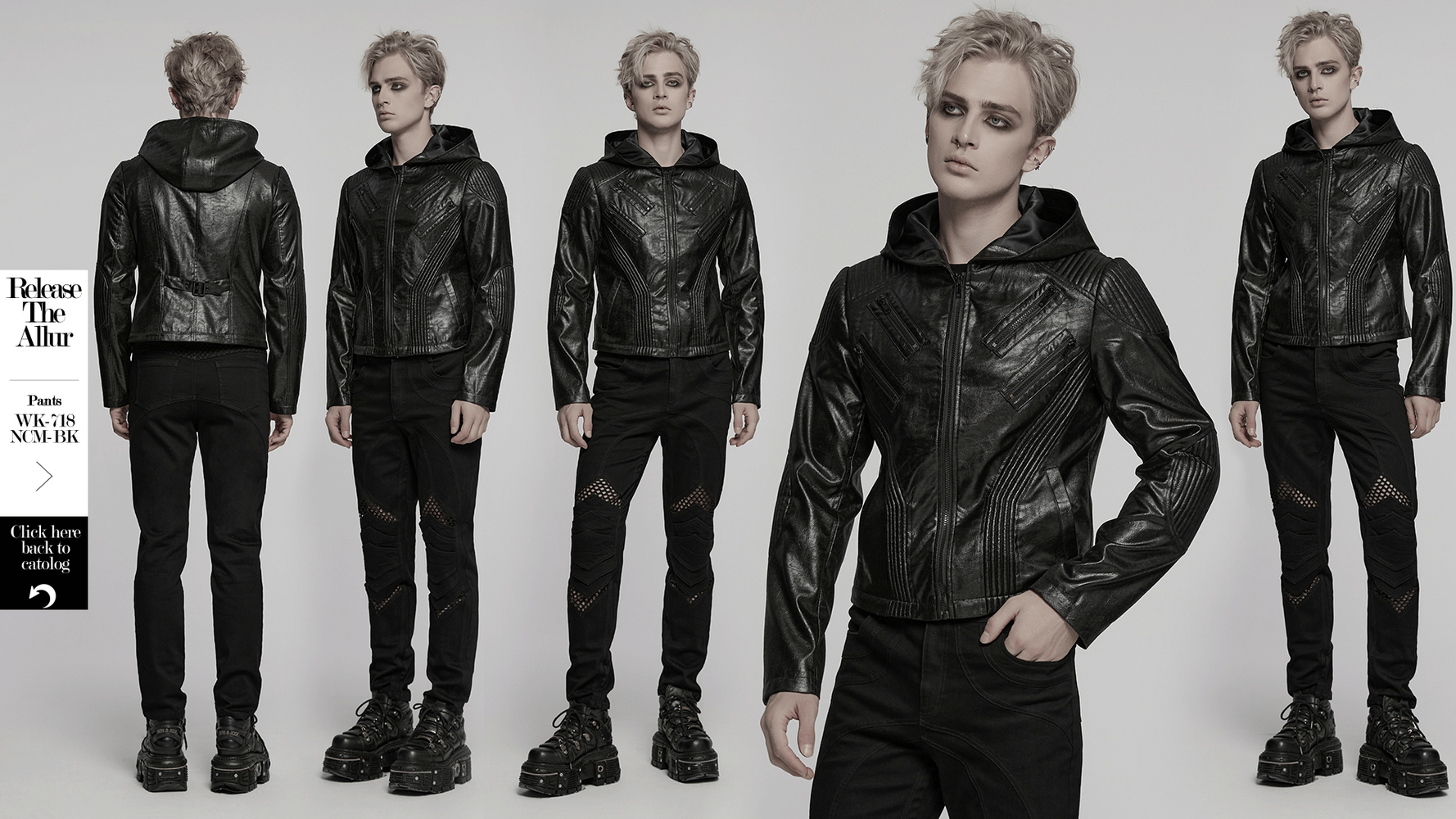 Men's gothic hooded faux leather long coat jacket, stylishly displayed from multiple angles.