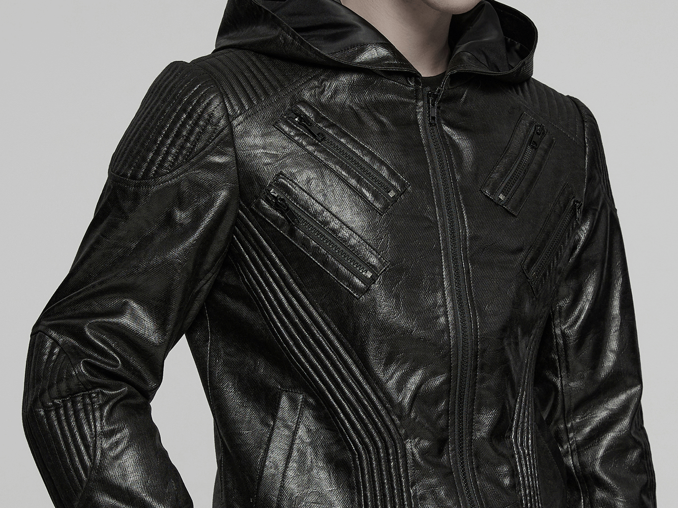 Men's gothic hooded faux leather long coat jacket featuring stylish zippered pockets.