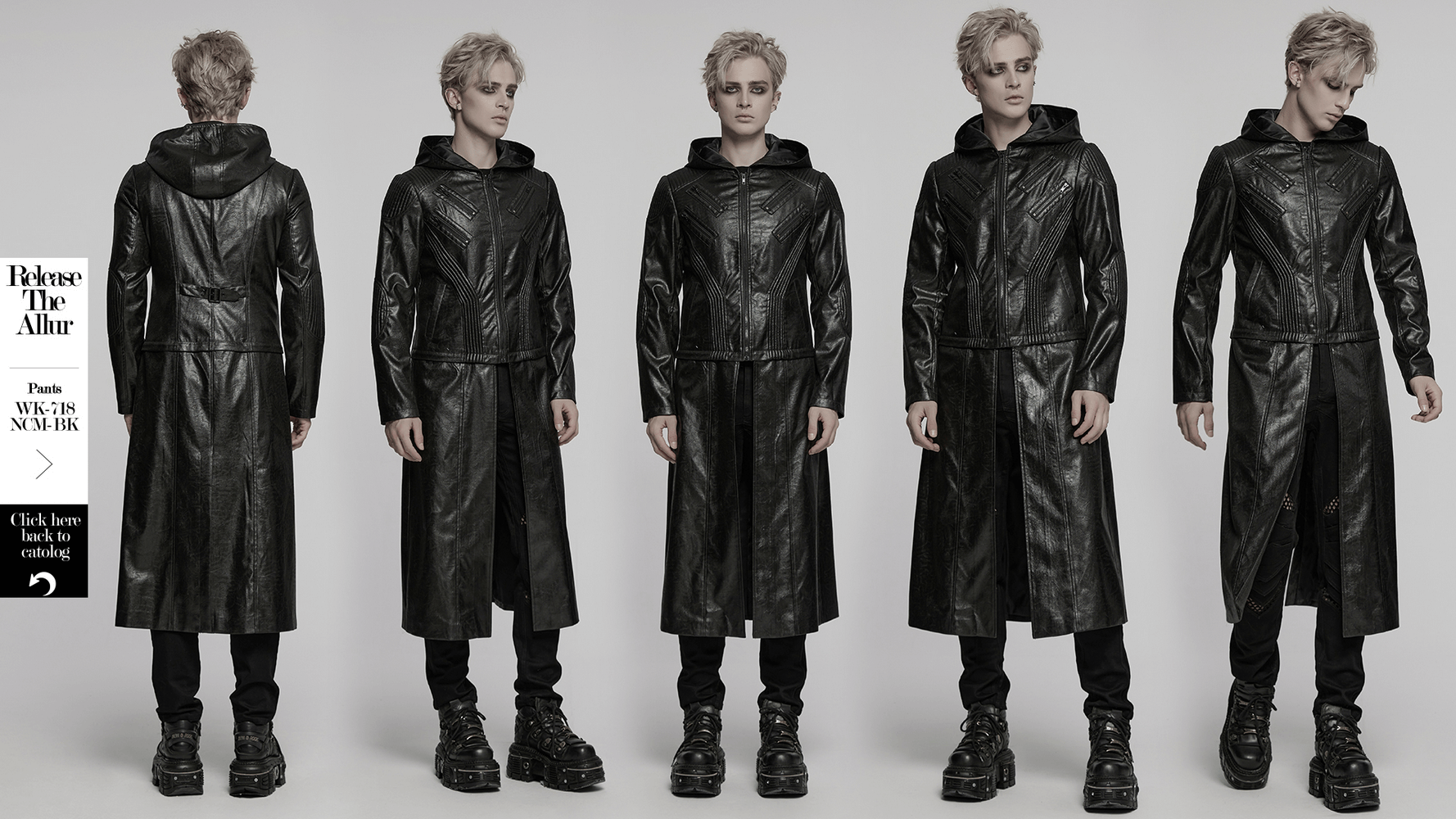 Men's gothic hooded faux leather long coat jacket showcasing front, side, and back views, perfect for edgy style.