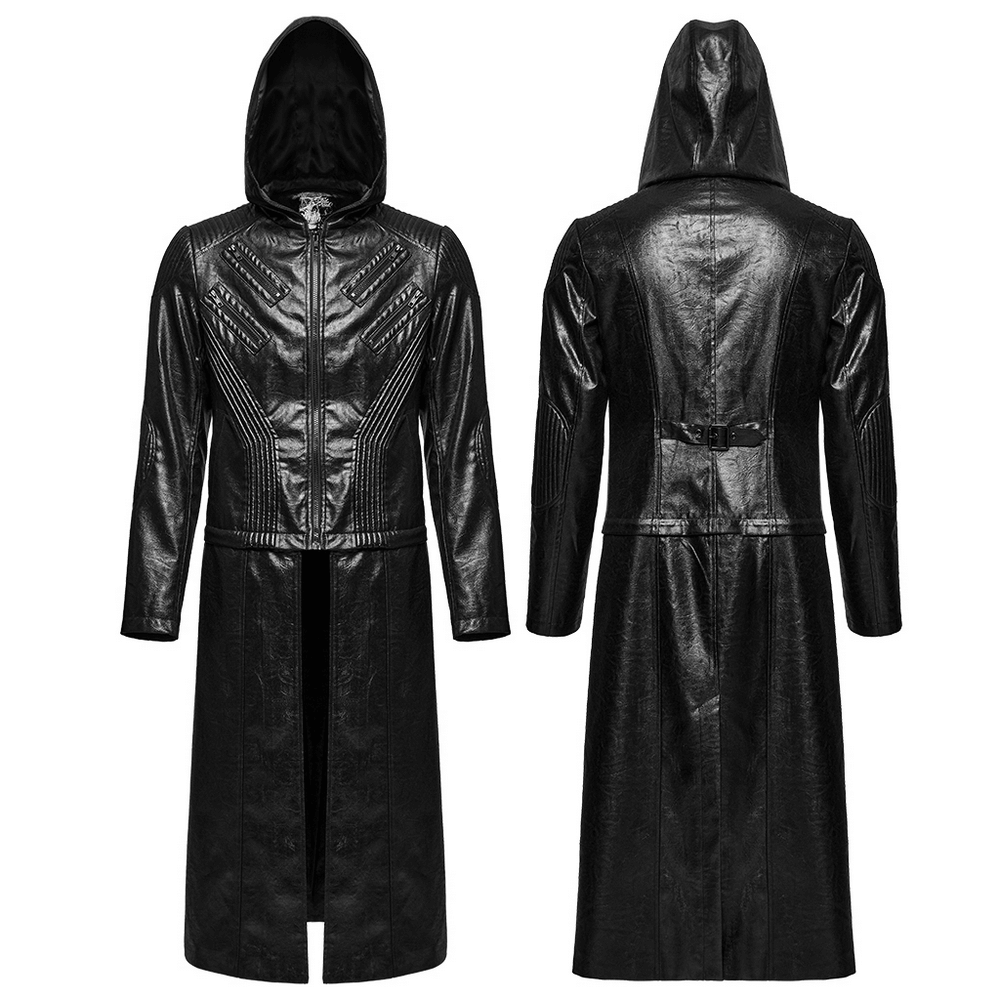 Stylish men's gothic hooded faux leather long coat with intricate detailing, perfect for any edgy outfit.