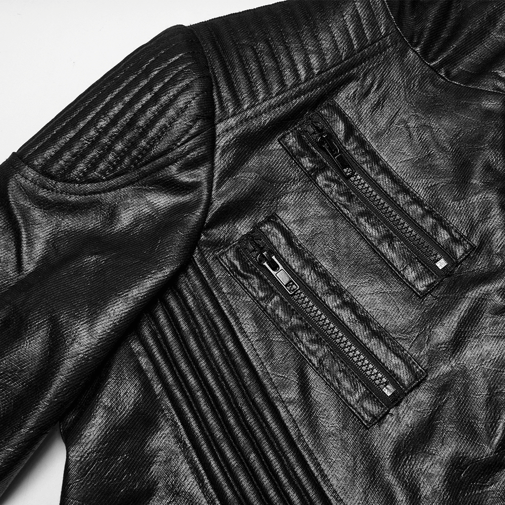 Close-up of a men's gothic hooded faux leather jacket featuring stylish zippers and textured details.
