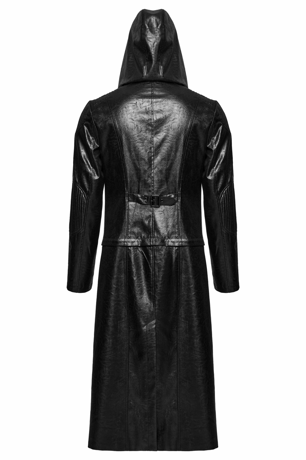 Men's Gothic Hooded Faux Leather Long Coat Jacket, back view showcasing sleek design and stylish hood.