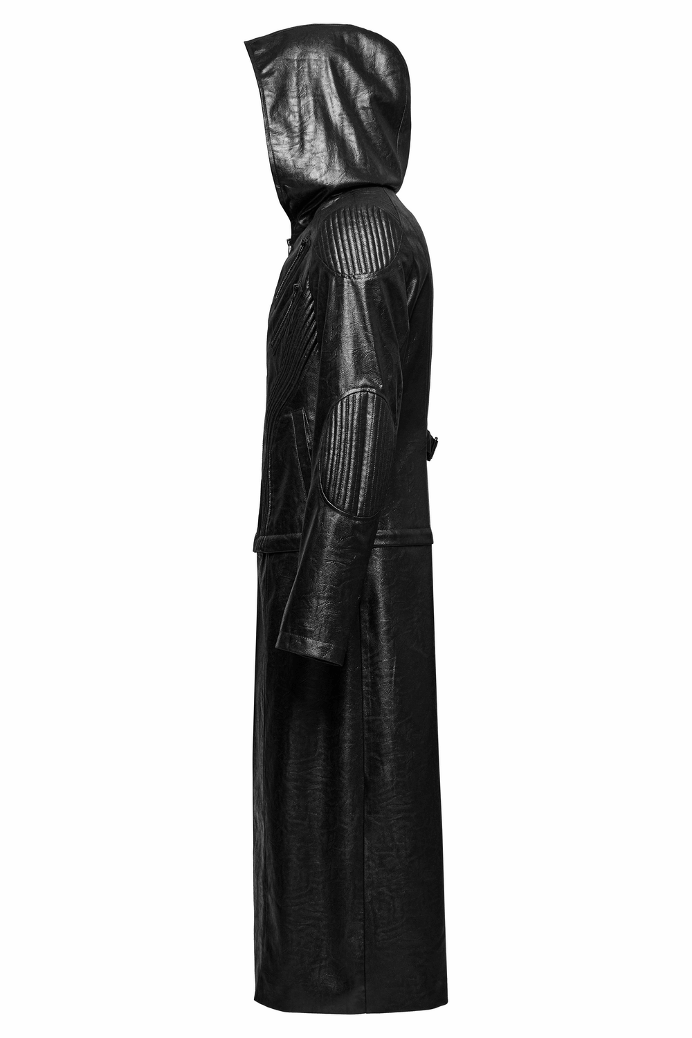 Men's Gothic hooded faux leather long coat jacket in black, featuring detailed shoulder design and a stylish edgy look.