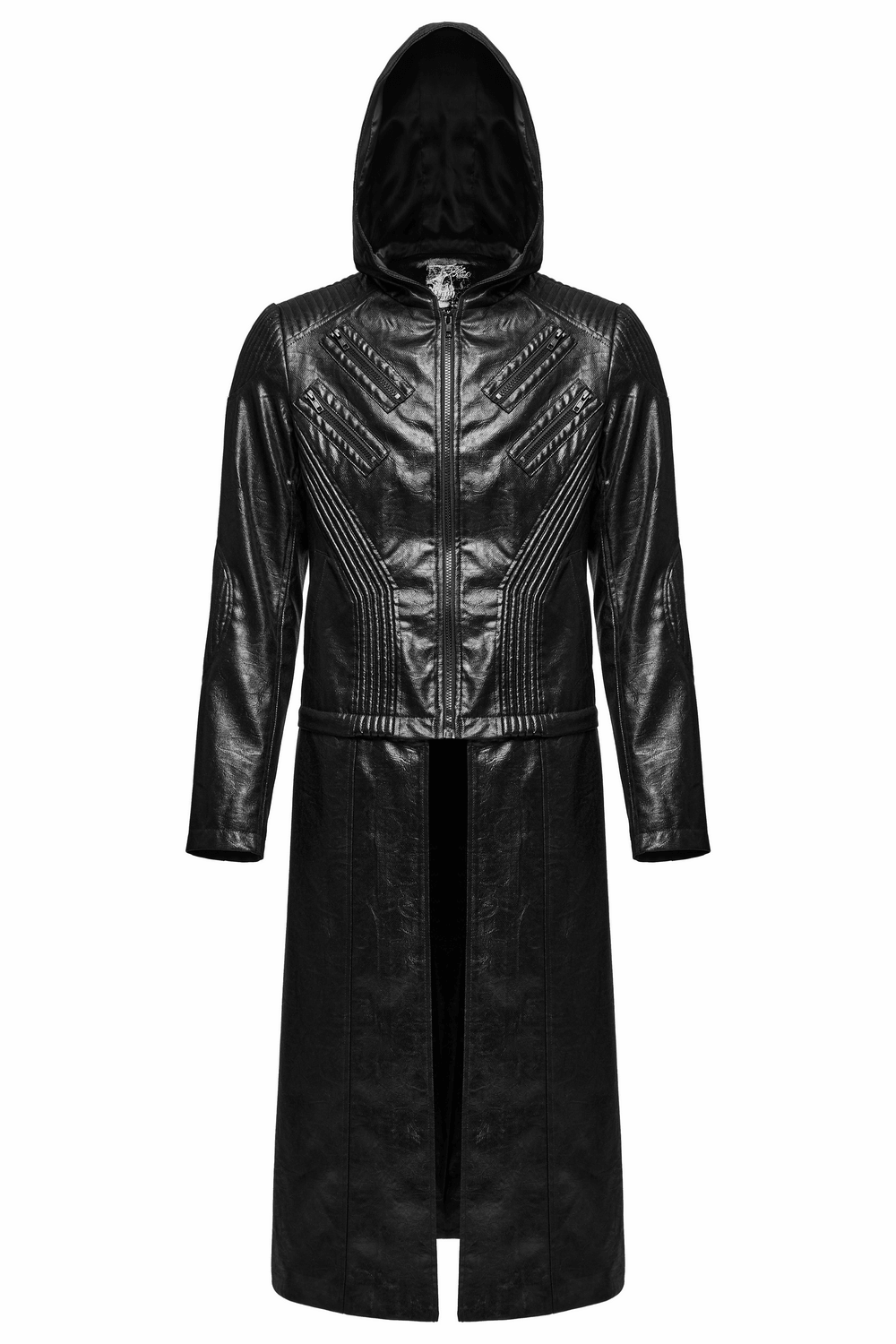 Men's Gothic Hooded Faux Leather Long Coat Jacket with intricate stitching and stylish design.