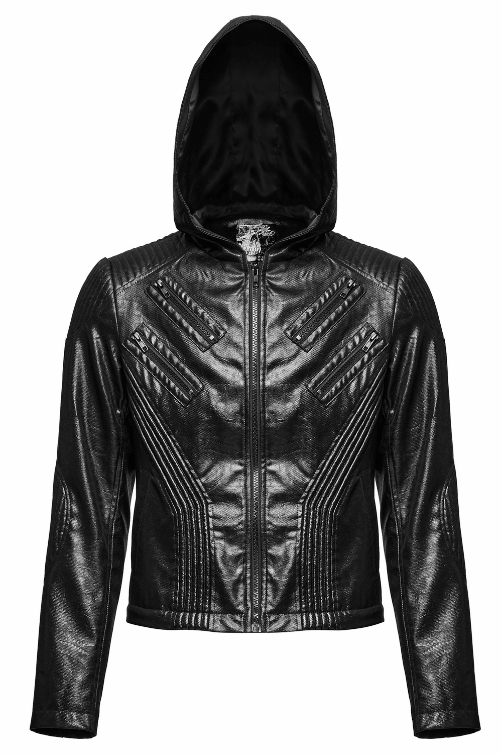 Men's gothic hooded faux leather long coat jacket with stylish design and zip closure, perfect for edgy fashion lovers.
