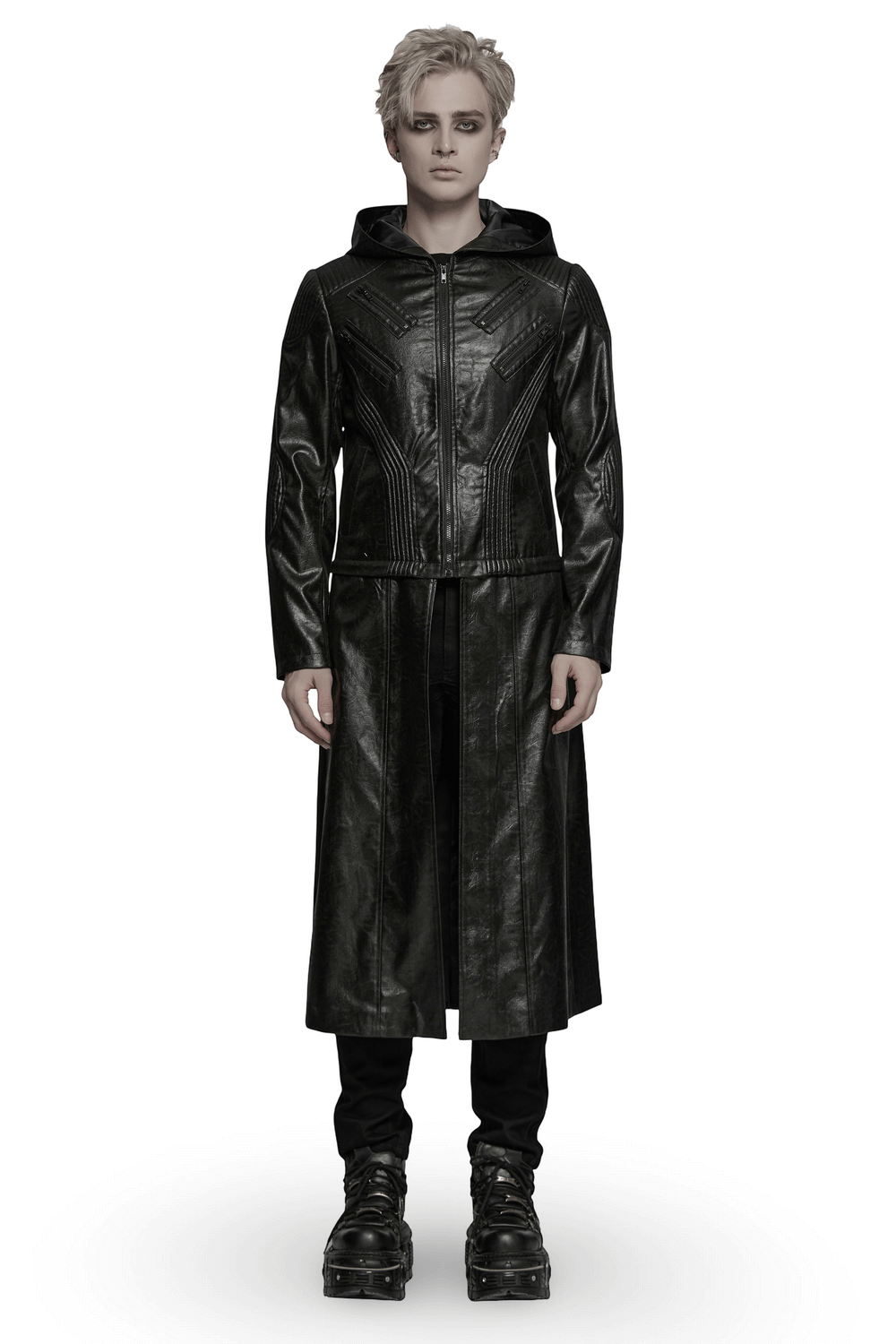 Men's Gothic Hooded Faux Leather Long Coat Jacket in black, perfect for a stylish and edgy look.