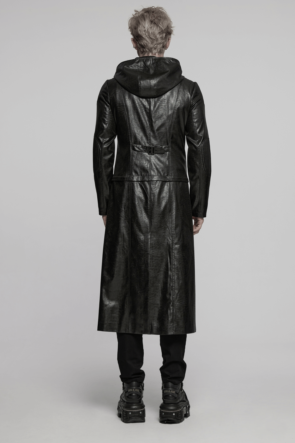 Men's Gothic hooded faux leather long coat jacket, back view showcasing stylish design and edgy appeal.