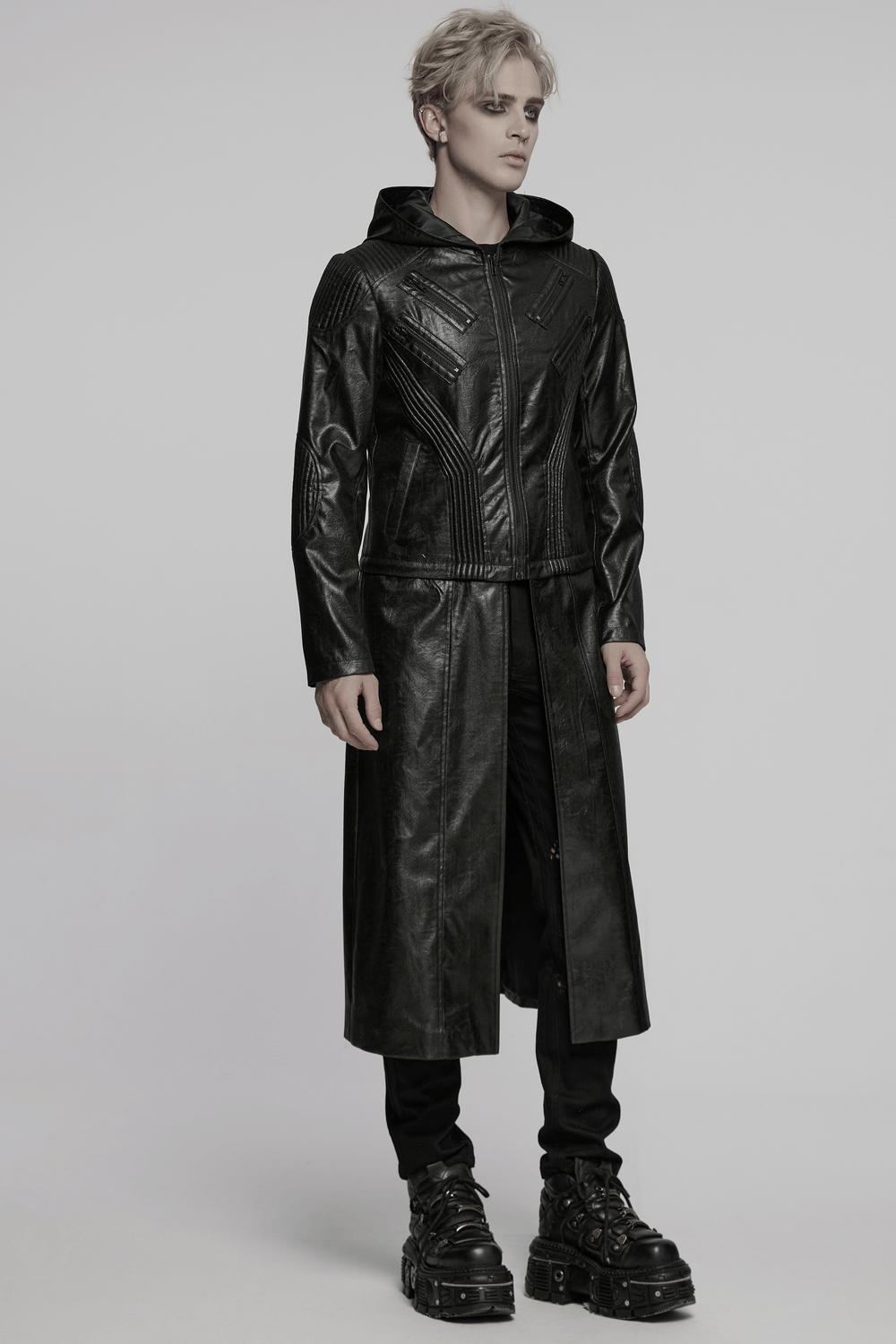 Men's gothic hooded faux leather long coat jacket, stylish and edgy look for modern fashion enthusiasts.