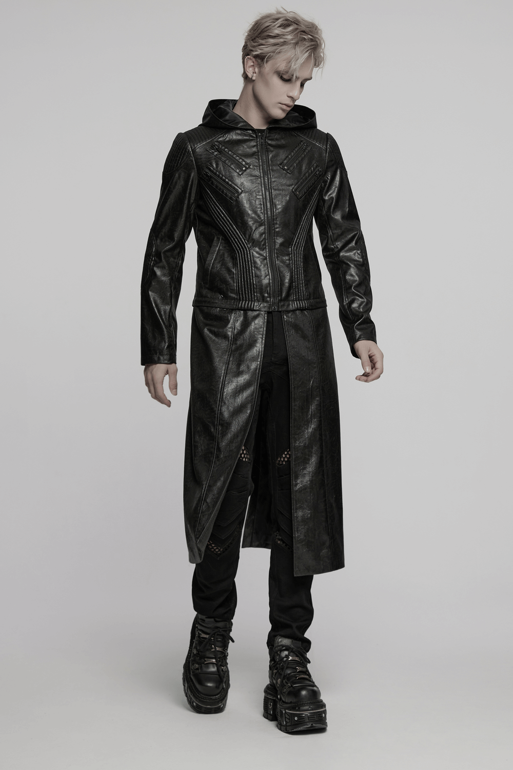 Men's gothic hooded faux leather long coat jacket with a sleek design, perfect for edgy style and cold weather.