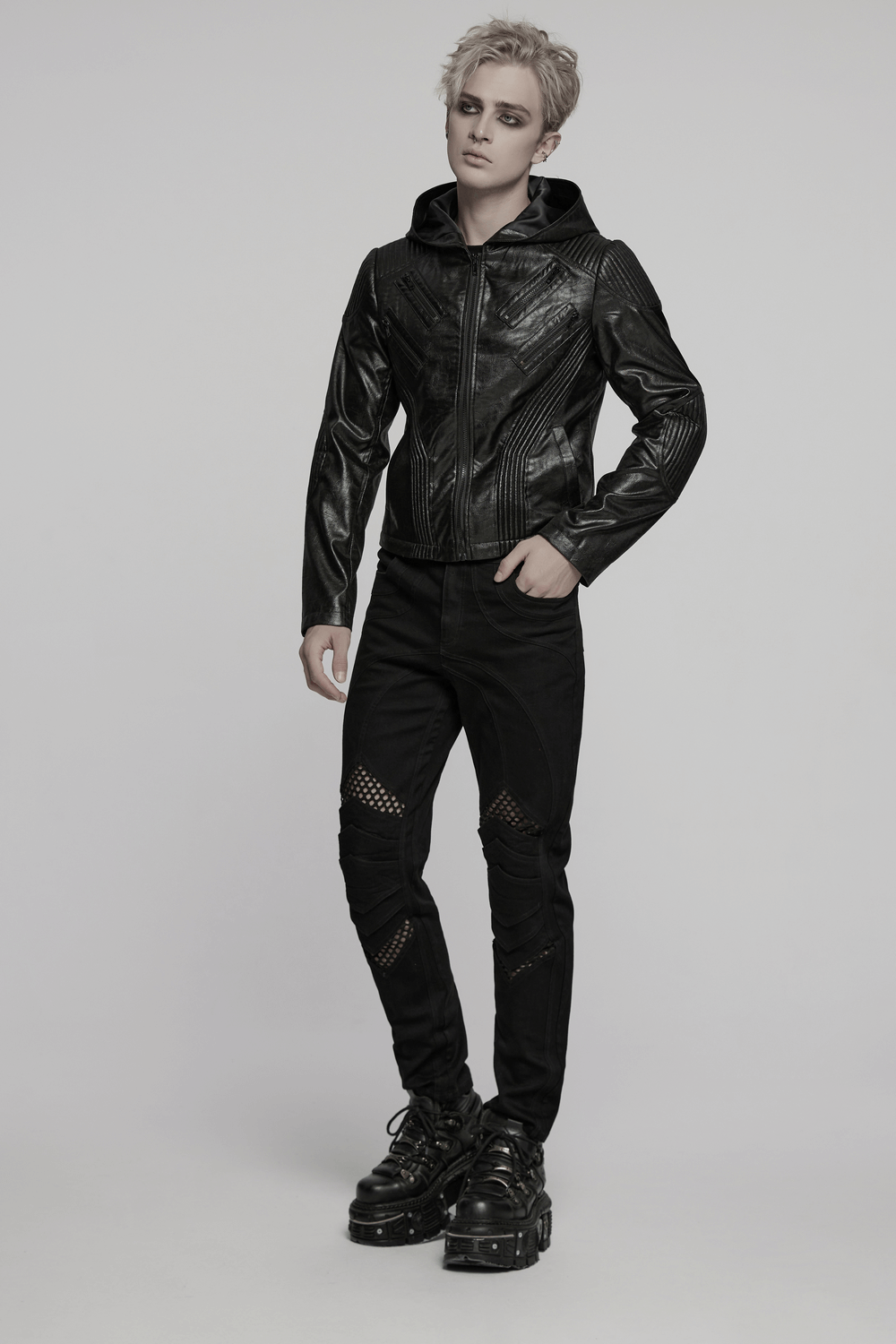 Men's Gothic hooded faux leather jacket, perfect for edgy style and street fashion enthusiasts.