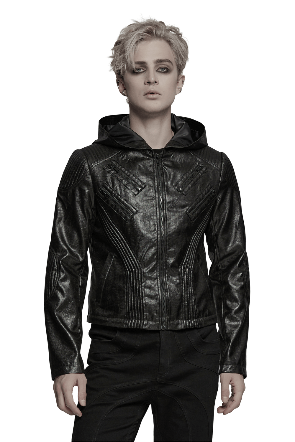 Men's Gothic hooded faux leather long coat jacket in black, featuring stylish design and edgy look.