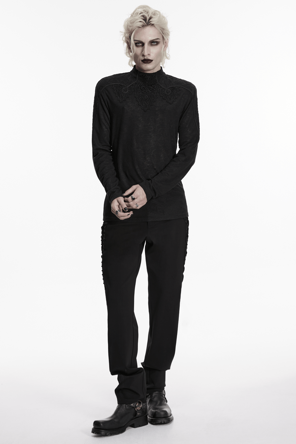 Men's Black Gothic Long-Sleeved Top with Lace Decal