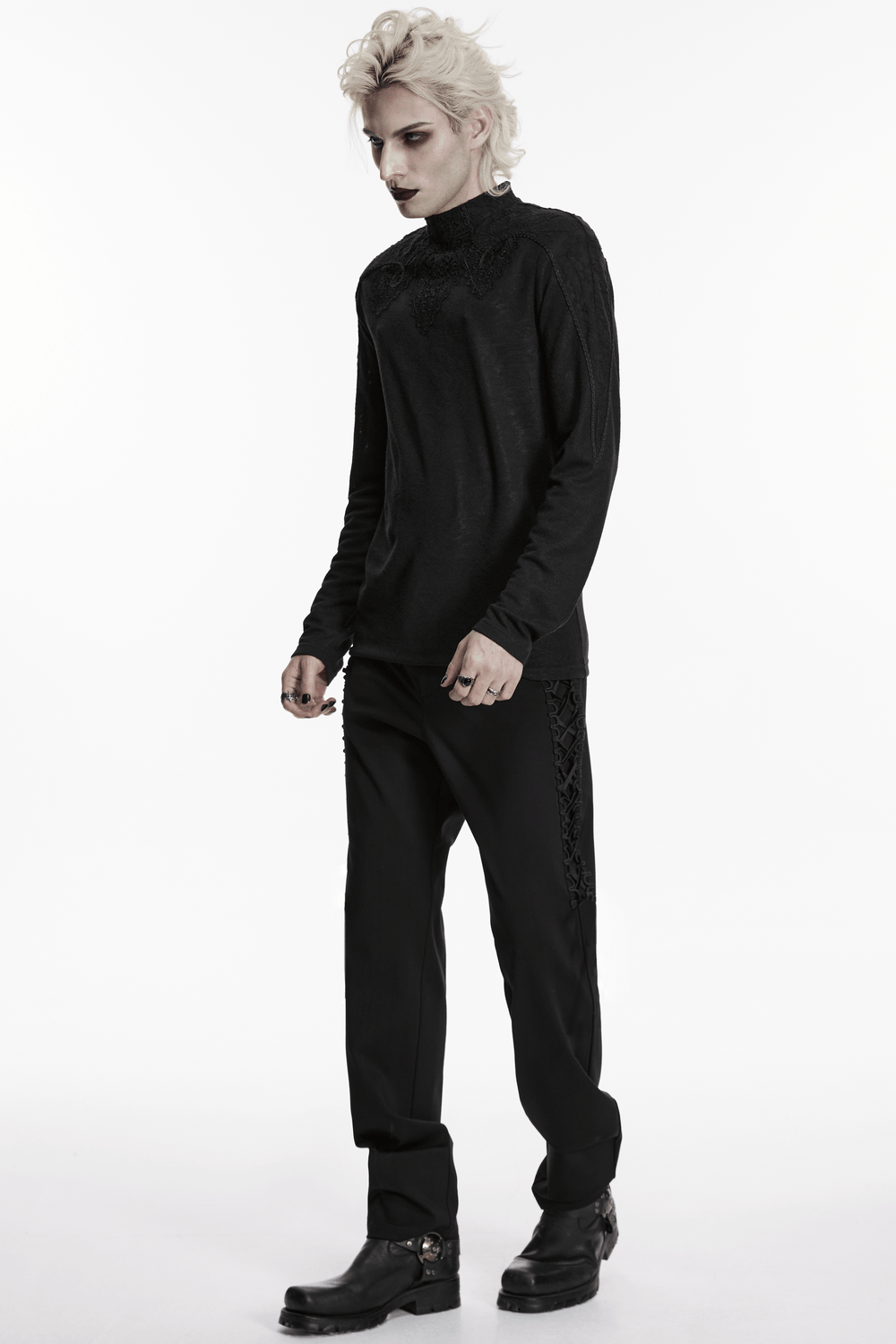 Men's Black Gothic Long-Sleeved Top with Lace Decal