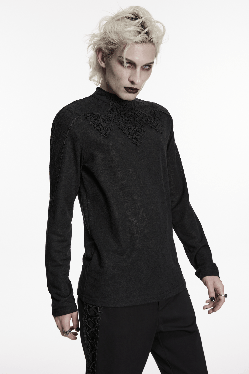 Men's Black Gothic Long-Sleeved Top with Lace Decal