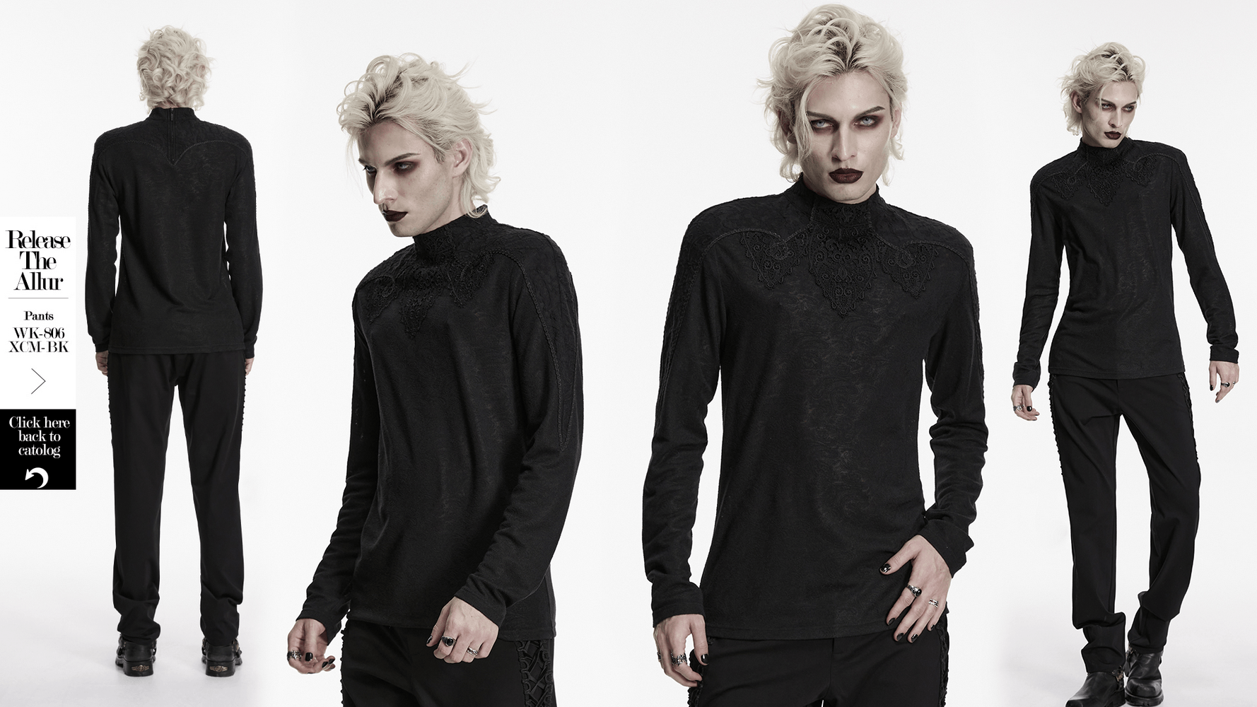 Men's Black Gothic Long-Sleeved Top with Lace Decal
