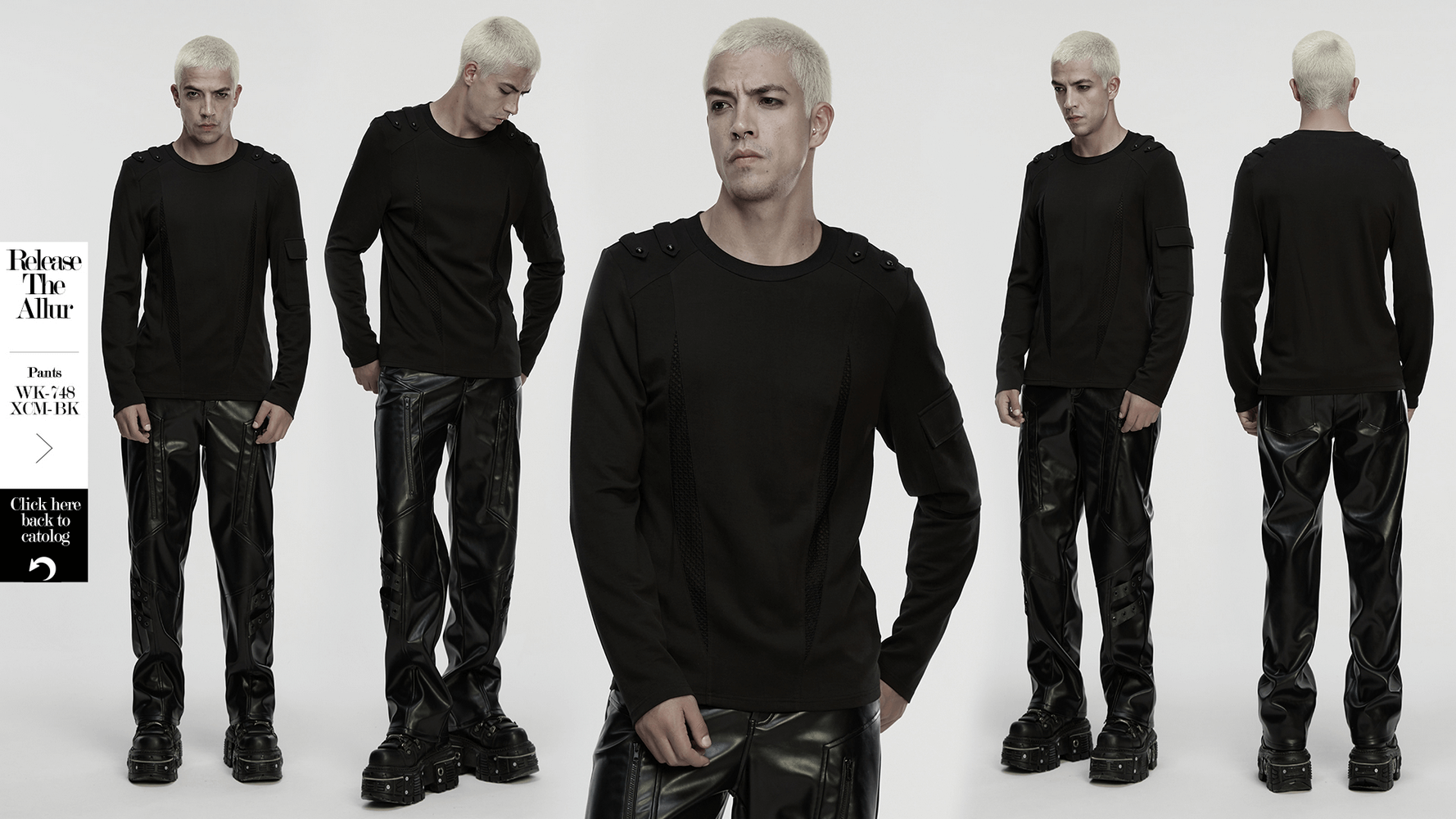 Men's Black Gothic Long-Sleeved Top with Mesh Panels worn by a model showcasing its edgy design.