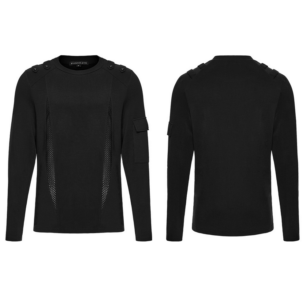 Men's Black Gothic Long-Sleeved Top with Mesh Panels showcasing mesh details and arm pocket.