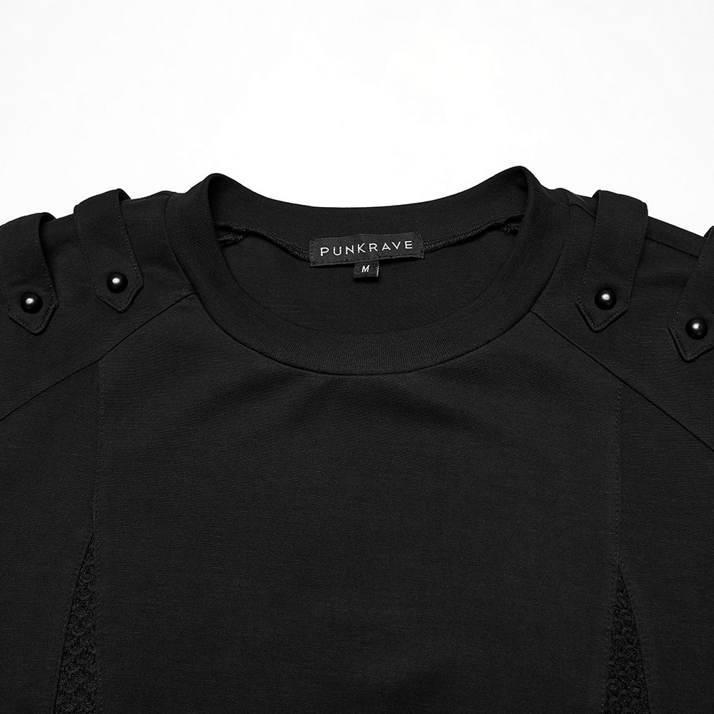 Men's Black Gothic Long-Sleeved Top with Mesh Panels featuring shoulder straps and a sleek design.