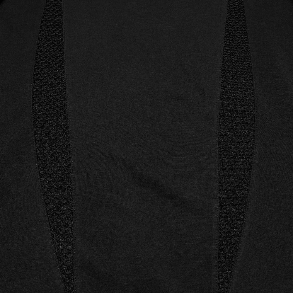 Men's Black Gothic Long-Sleeved Top with Mesh Panels showcasing its unique mesh detail and sleek black fabric.